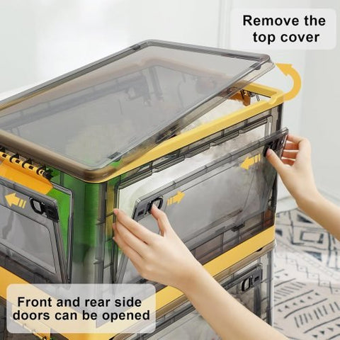 3-pack of foldable 12.6 gallon stackable storage containers with lids, doors, and caster wheels – black and yellow bins