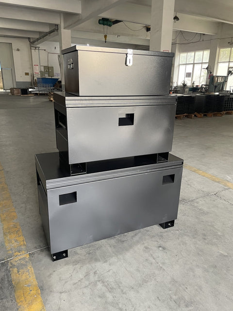 Large steel job box with reinforced lockable lid

3-piece steel job box combo for jobsite organization

Heavy-duty tool storage chest for construction tools

Powder-coated black and gray steel storage boxes set