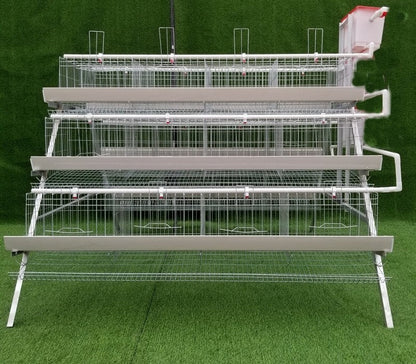 3-tier 96-bird chicken egg laying cage system front view

Side angle of poultry coop rack with metal tiers

Egg-laying chicken cage system for farms