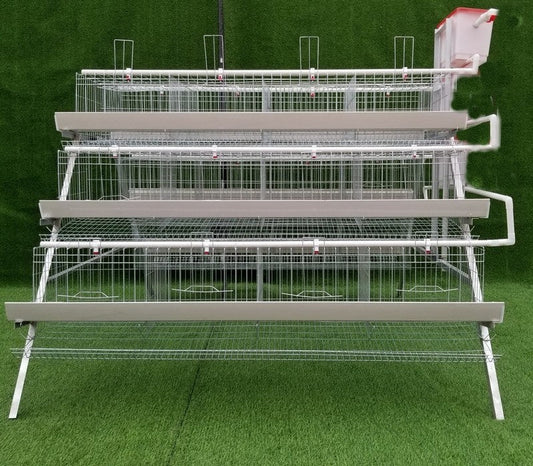 3-tier 96-bird chicken egg laying cage system front view

Side angle of poultry coop rack with metal tiers

Egg-laying chicken cage system for farms