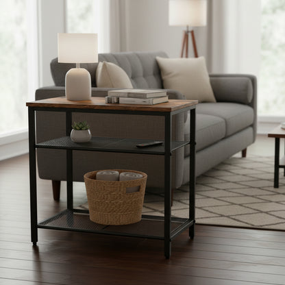 New 3 - Tier End Table with Wood Top and Steel Mesh Shelves TLET2505 - with | Sold by Uncle Wiener's Wholesale