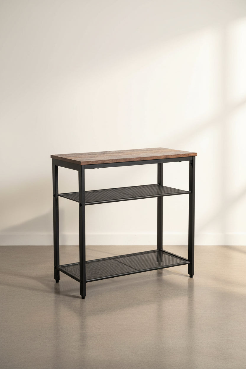 New 3 - Tier End Table with Wood Top and Steel Mesh Shelves TLET2505 - with | Sold by Uncle Wiener's Wholesale