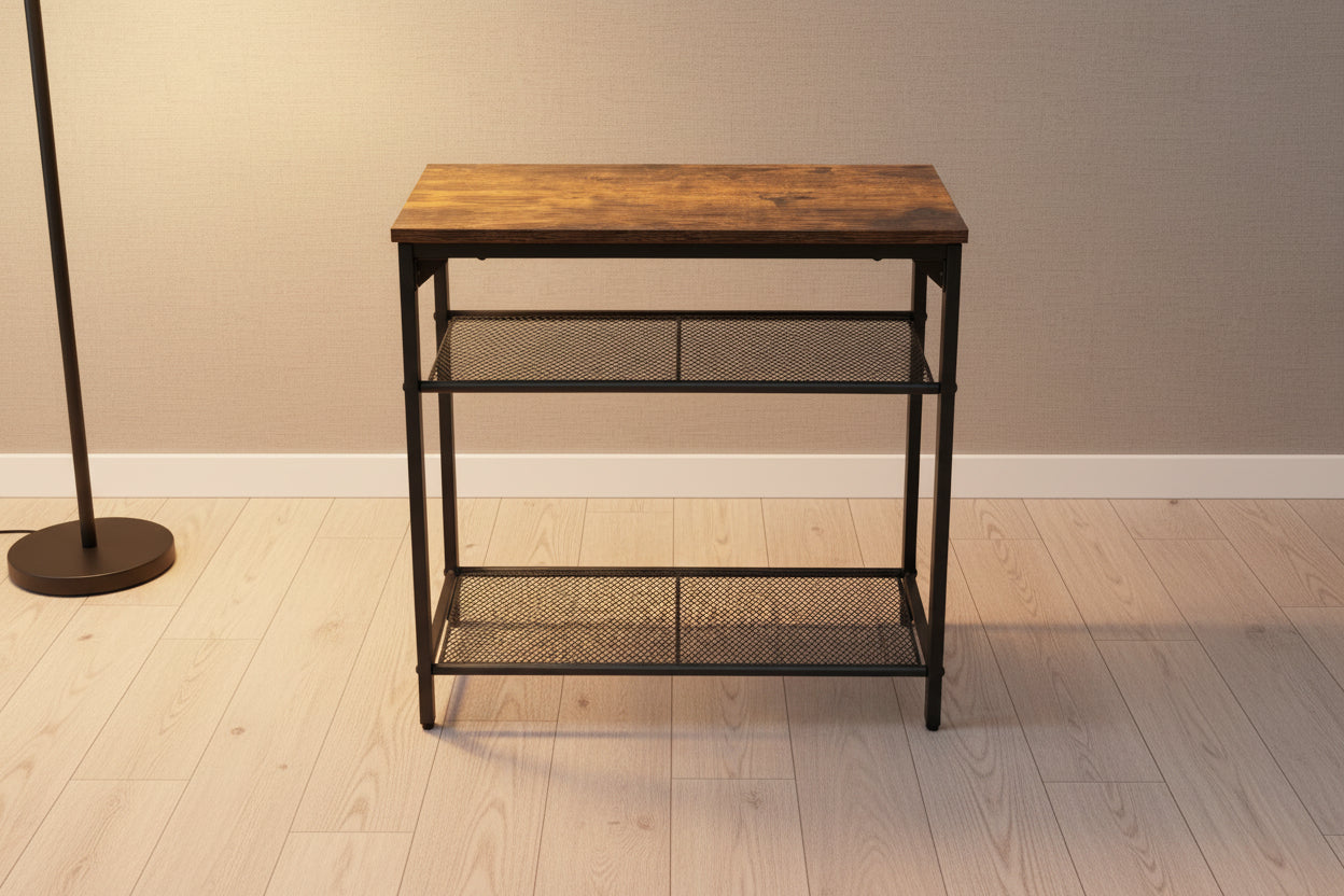 New 3 - Tier End Table with Wood Top and Steel Mesh Shelves TLET2505 - with | Sold by Uncle Wiener's Wholesale