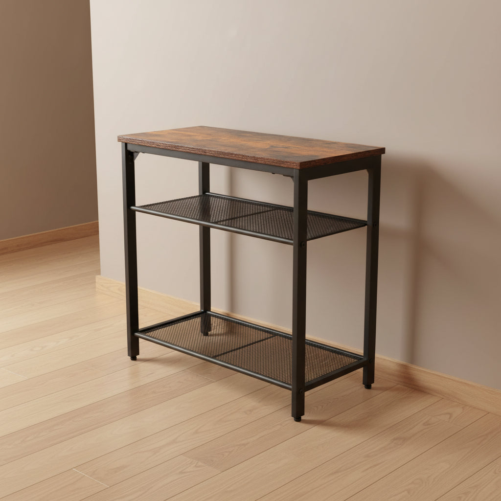 New 3 - Tier End Table with Wood Top and Steel Mesh Shelves TLET2505 - with | Sold by Uncle Wiener's Wholesale