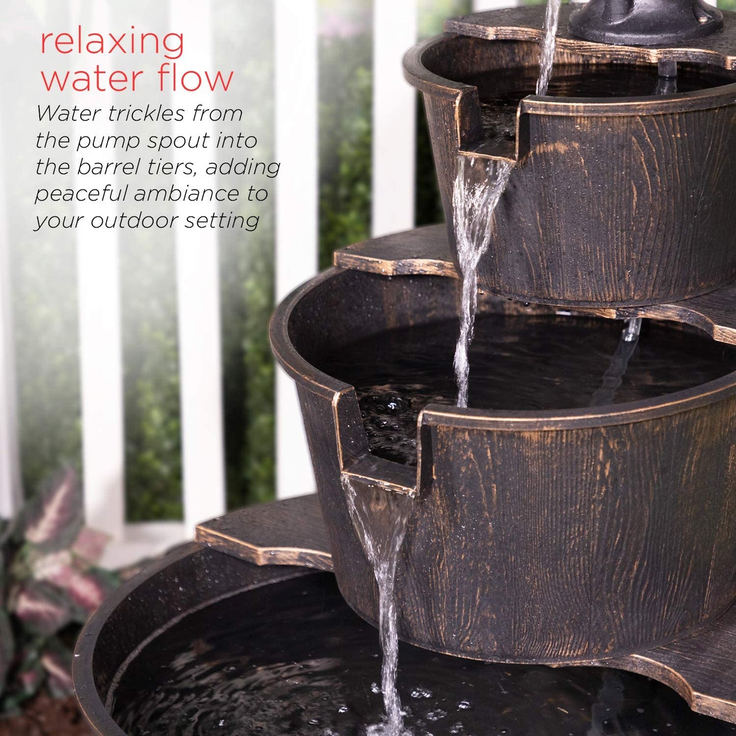 NEW 3 Tier Garden Barrel Fountain GT3023 – Rustic Outdoor Water Feature - with | Sold by Uncle Wiener's Wholesale