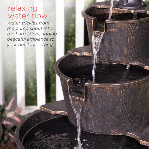NEW 3 Tier Garden Barrel Fountain GT3023 – Rustic Outdoor Water Feature - with | Sold by Uncle Wiener's Wholesale
