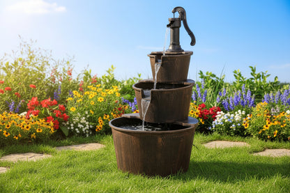 NEW 3 Tier Garden Barrel Fountain GT3023 – Rustic Outdoor Water Feature - with | Sold by Uncle Wiener's Wholesale