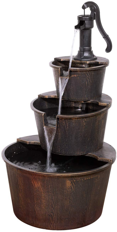 NEW 3 Tier Garden Barrel Fountain GT3023 – Rustic Outdoor Water Feature - with | Sold by Uncle Wiener's Wholesale