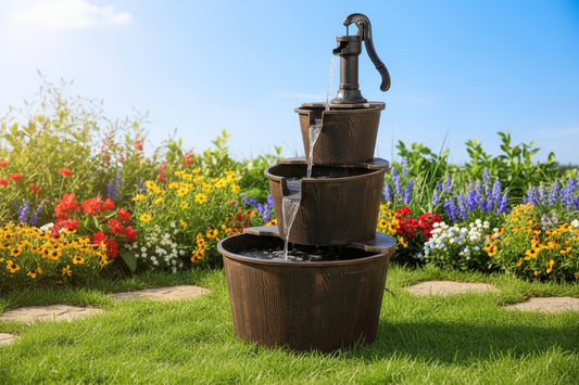 NEW 3 Tier Garden Barrel Fountain GT3023 – Rustic Outdoor Water Feature - with | Sold by Uncle Wiener's Wholesale