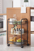 Black 3-Tier Metal Rolling Storage Cart with Removable Mesh Baskets and Locking Wheels – Kitchen & Home Organizer