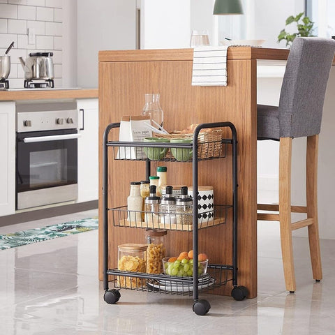 Black 3-Tier Metal Rolling Storage Cart with Removable Mesh Baskets and Locking Wheels – Kitchen & Home Organizer