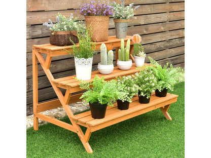3-Tier Wooden Step Ladder Plant Stand – Brown Fir Wood Display Rack for Indoor and Outdoor Use