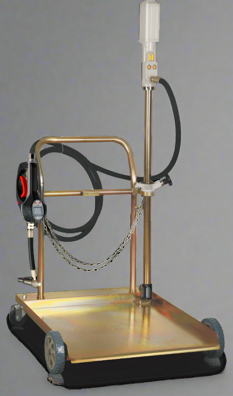 “Mobile air-operated 3:1 oil pump with gold barrel cart”

“Heavy-duty pneumatic oil pump system with suction tube”

“Barrel-mounted oil pump with 12ft hose and digital meter”

“Air-powered oil transfer pump for automotive use”

“Shop equipment oil pump cart with long-reach hose”