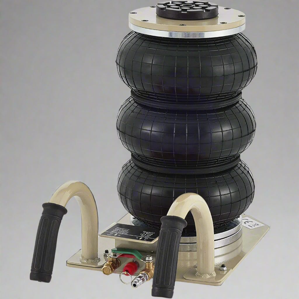 3-Ton Triple Air Bag Jack – Full Unit with Handle and Hose
Triple Rubber Air Bags – Heavy-Duty Pneumatic Lift Design
Pneumatic Jack Components – Close-Up of Air Bags and Frame
Side View of Fast-Lift 3-Ton Air Jack in Beige and Black
Triple Bag Air Jack – Handle and Wheel Detail for Easy Mobility