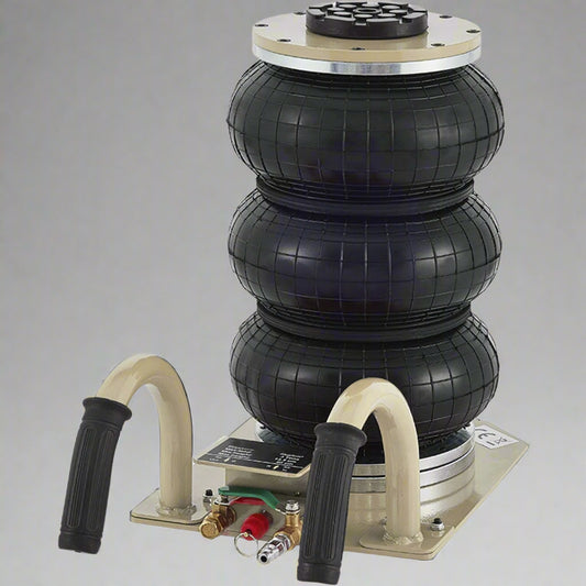 3-Ton Triple Air Bag Jack – Full Unit with Handle and Hose
Triple Rubber Air Bags – Heavy-Duty Pneumatic Lift Design
Pneumatic Jack Components – Close-Up of Air Bags and Frame
Side View of Fast-Lift 3-Ton Air Jack in Beige and Black
Triple Bag Air Jack – Handle and Wheel Detail for Easy Mobility
