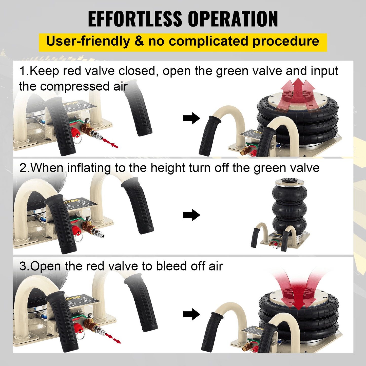 3-Ton Triple Air Bag Jack – Full Unit with Handle and Hose
Triple Rubber Air Bags – Heavy-Duty Pneumatic Lift Design
Pneumatic Jack Components – Close-Up of Air Bags and Frame
Side View of Fast-Lift 3-Ton Air Jack in Beige and Black
Triple Bag Air Jack – Handle and Wheel Detail for Easy Mobility