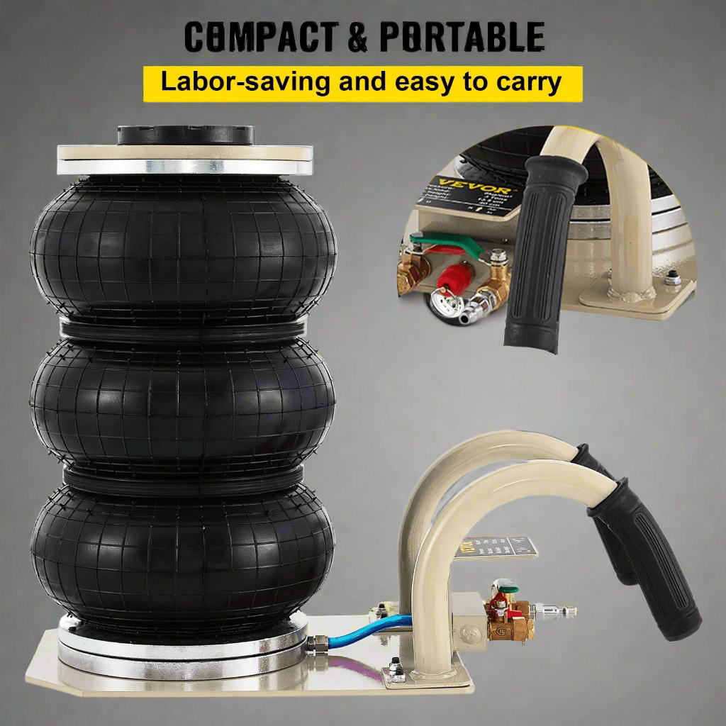 3-Ton Triple Air Bag Jack – Full Unit with Handle and Hose
Triple Rubber Air Bags – Heavy-Duty Pneumatic Lift Design
Pneumatic Jack Components – Close-Up of Air Bags and Frame
Side View of Fast-Lift 3-Ton Air Jack in Beige and Black
Triple Bag Air Jack – Handle and Wheel Detail for Easy Mobility