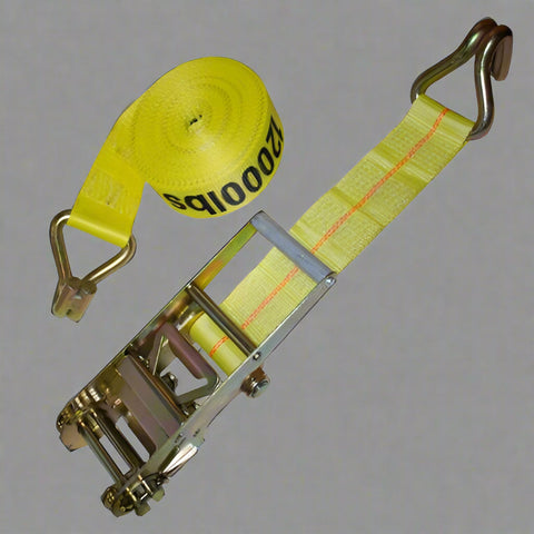 Heavy-duty 3-inch yellow ratchet strap with steel J-hook

Commercial truck tie-down strap with handle and end fitting

Polyester cargo strap rolled with industrial ratchet mechanism

3" x 30' flatbed trailer ratchet strap in yellow