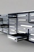 10FT Stainless Steel Tool Bench with 30 Drawers – Front and Side View

