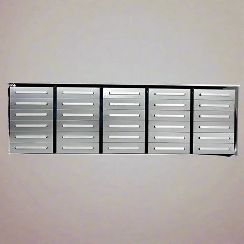 10FT Stainless Steel Tool Bench with 30 Drawers – Front and Side View

