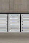 10FT Stainless Steel Tool Bench with 30 Drawers – Front and Side View

