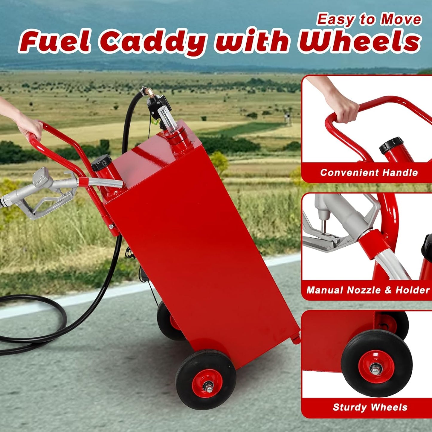30-Gallon Portable Fuel Transfer Tank with 12V Pump – S1224
Fuel Caddy Tank for Diesel and Gasoline – Red Model with Wheels
12V Electric Fuel Transfer Pump on Mobile Tank
Heavy-Duty Fuel Transfer Cart with Nozzle and Suction Hose