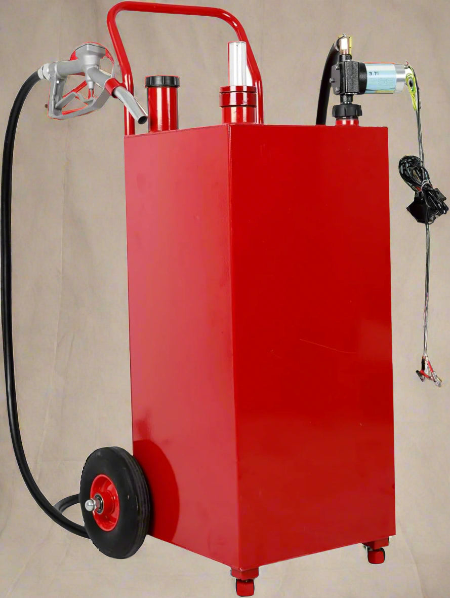 30-Gallon Portable Fuel Transfer Tank with 12V Pump – S1224
Fuel Caddy Tank for Diesel and Gasoline – Red Model with Wheels
12V Electric Fuel Transfer Pump on Mobile Tank
Heavy-Duty Fuel Transfer Cart with Nozzle and Suction Hose