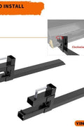 30 inch clamp-on pallet forks attached to tractor loader
Heavy-duty pallet forks on skid steer bucket
Side view of clamp-on pallet fork set
1500 lb tractor bucket fork with chain holes
Easy install clamp pallet forks for hauling hay and logs