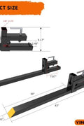30 inch clamp-on pallet forks attached to tractor loader
Heavy-duty pallet forks on skid steer bucket
Side view of clamp-on pallet fork set
1500 lb tractor bucket fork with chain holes
Easy install clamp pallet forks for hauling hay and logs