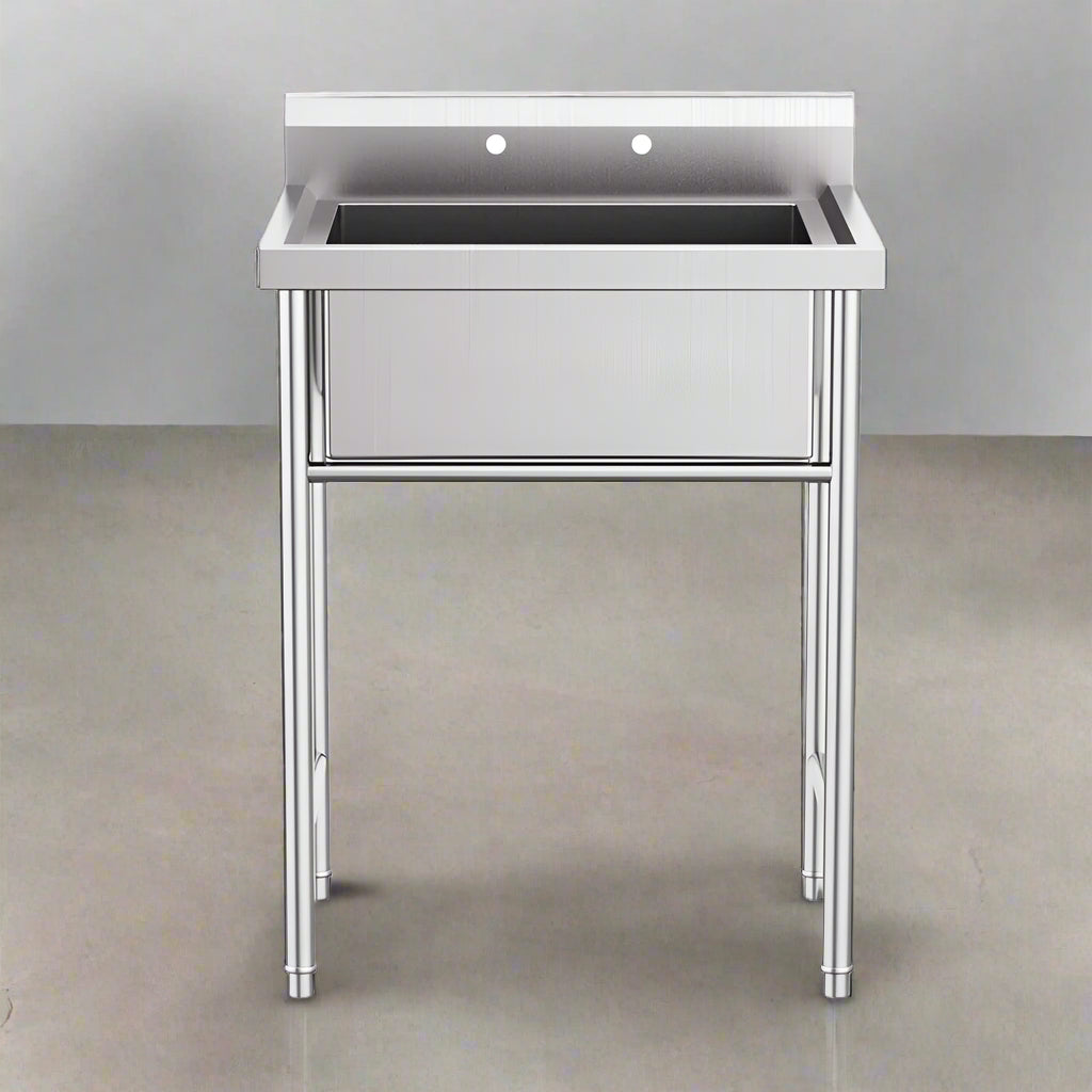 30-inch stainless steel freestanding utility sink (front view)
Deep bowl utility sink with backsplash and legs
Top angle view of stainless utility sink
Close-up of sink basin and drainboard
Side profile of stainless steel model 3026 utility sink