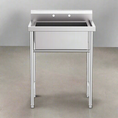 30-inch stainless steel freestanding utility sink (front view)
Deep bowl utility sink with backsplash and legs
Top angle view of stainless utility sink
Close-up of sink basin and drainboard
Side profile of stainless steel model 3026 utility sink