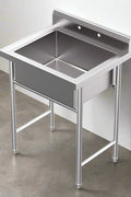 30-inch stainless steel freestanding utility sink (front view)
Deep bowl utility sink with backsplash and legs
Top angle view of stainless utility sink
Close-up of sink basin and drainboard
Side profile of stainless steel model 3026 utility sink