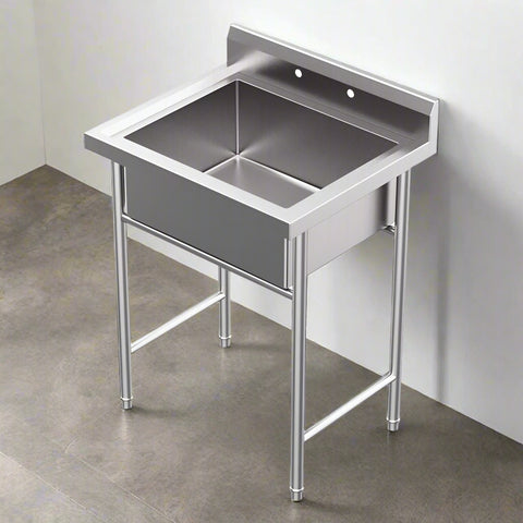 30-inch stainless steel freestanding utility sink (front view)
Deep bowl utility sink with backsplash and legs
Top angle view of stainless utility sink
Close-up of sink basin and drainboard
Side profile of stainless steel model 3026 utility sink