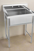 30-inch stainless steel freestanding utility sink (front view)
Deep bowl utility sink with backsplash and legs
Top angle view of stainless utility sink
Close-up of sink basin and drainboard
Side profile of stainless steel model 3026 utility sink
