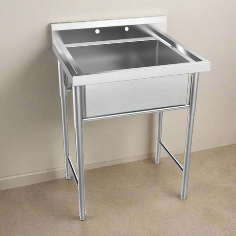 30-inch stainless steel freestanding utility sink (front view)
Deep bowl utility sink with backsplash and legs
Top angle view of stainless utility sink
Close-up of sink basin and drainboard
Side profile of stainless steel model 3026 utility sink