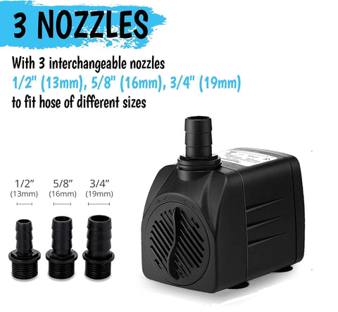 30W Submersible Water Pump with 3 Nozzles – Front View
Model S1253 – Compact and Quiet Water Pump Design
Water Pump in Hydroponic System Setup – S1253
Aquarium Water Pump Flow Test – Model S1253
All Included Accessories – S1253 Submersible Pump