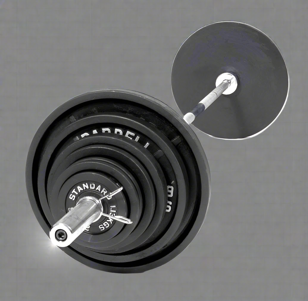 300 LB Olympic barbell weight set with black tri-grip plates

complete Olympic bar and plate set for home gym use

Olympic weight bar with 2 inch sleeves and textured grip

stacked black Olympic plates with 45 lb, 35 lb, and 25 lb weights

300 lb strength training barbell set with spring collars