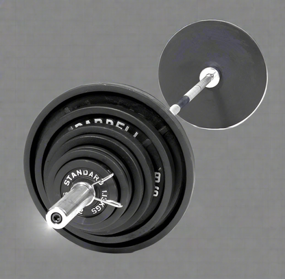 300 LB Olympic barbell weight set with black tri-grip plates

complete Olympic bar and plate set for home gym use

Olympic weight bar with 2 inch sleeves and textured grip

stacked black Olympic plates with 45 lb, 35 lb, and 25 lb weights

300 lb strength training barbell set with spring collars