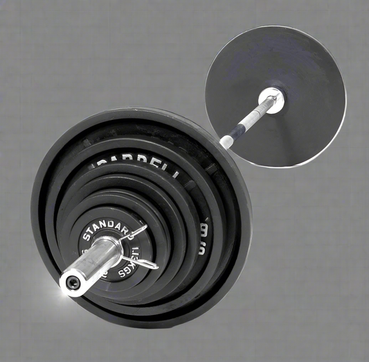 300 LB Olympic barbell weight set with black tri-grip plates

complete Olympic bar and plate set for home gym use

Olympic weight bar with 2 inch sleeves and textured grip

stacked black Olympic plates with 45 lb, 35 lb, and 25 lb weights

300 lb strength training barbell set with spring collars