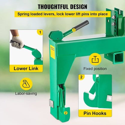 3-point green quick hitch for Category 1 & 2 tractors – heavy-duty steel
Spring-loaded quick hitch with pin hooks and lift arms
Tractor quick hitch in use with implement attached
Quick hitch attachment showing latch and hook configuration