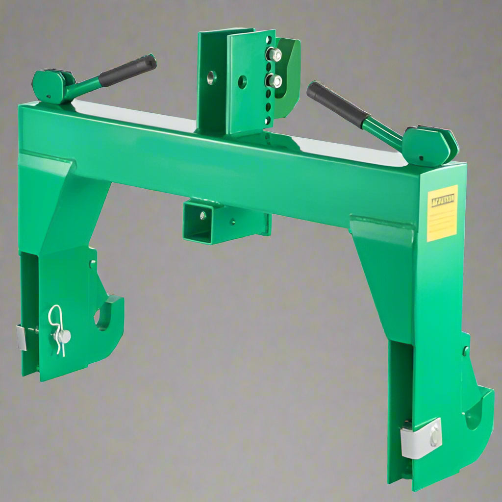 3-point green quick hitch for Category 1 & 2 tractors – heavy-duty steel
Spring-loaded quick hitch with pin hooks and lift arms
Tractor quick hitch in use with implement attached
Quick hitch attachment showing latch and hook configuration