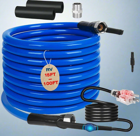 Blue 30FT heated water hose with thermostat and plug for RV use
Antifreeze hose for outdoor water supply in winter - model WH3045
Drinking water-safe heated hose coiled with electrical connection