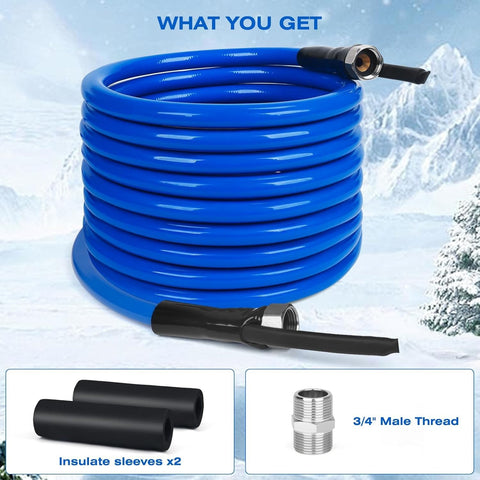 Blue 30FT heated water hose with thermostat and plug for RV use
Antifreeze hose for outdoor water supply in winter - model WH3045
Drinking water-safe heated hose coiled with electrical connection