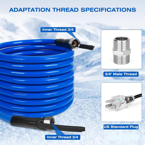 Blue 30FT heated water hose with thermostat and plug for RV use
Antifreeze hose for outdoor water supply in winter - model WH3045
Drinking water-safe heated hose coiled with electrical connection