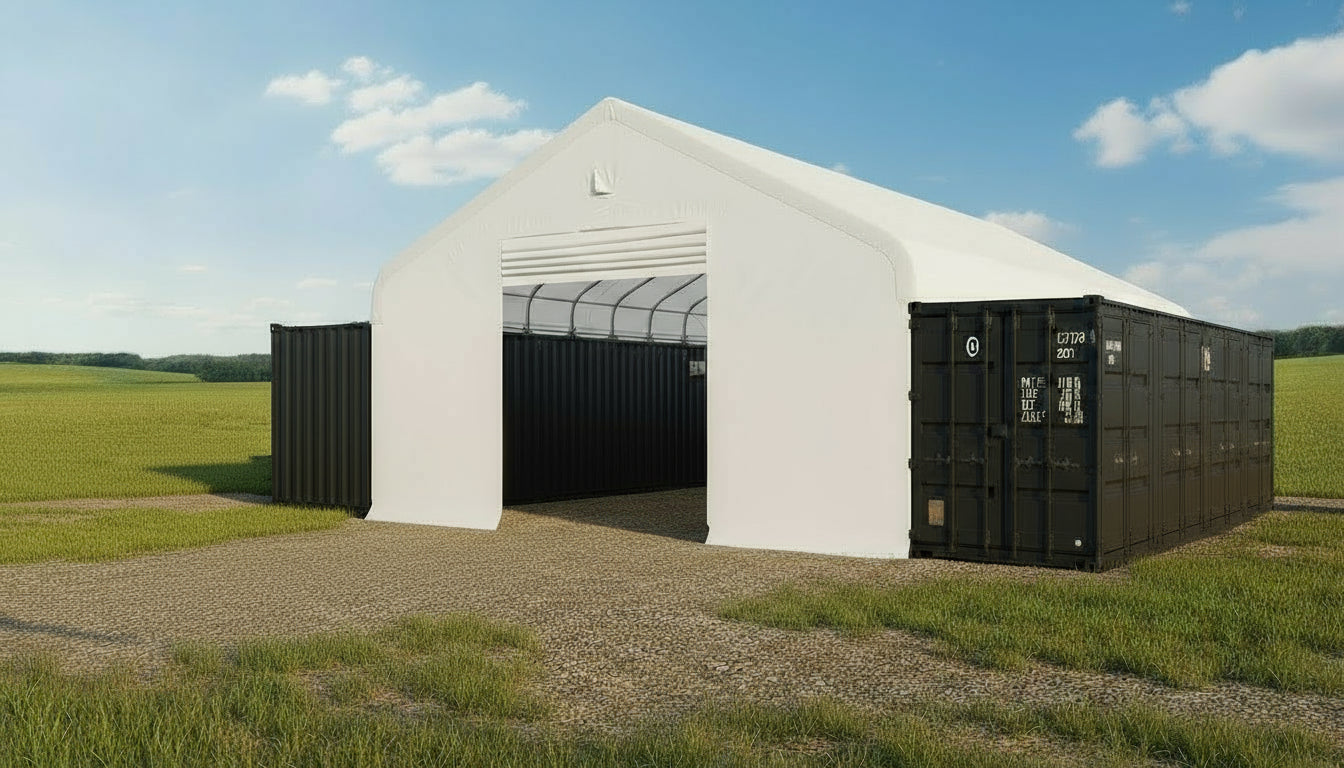 30x40 FT single truss white PVC container shelter with front and back enclosures – heavy-duty storage tent