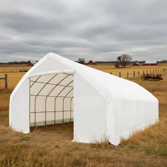 30×50×15 galvanized steel straight-wall storage building with heavy-duty white canopy