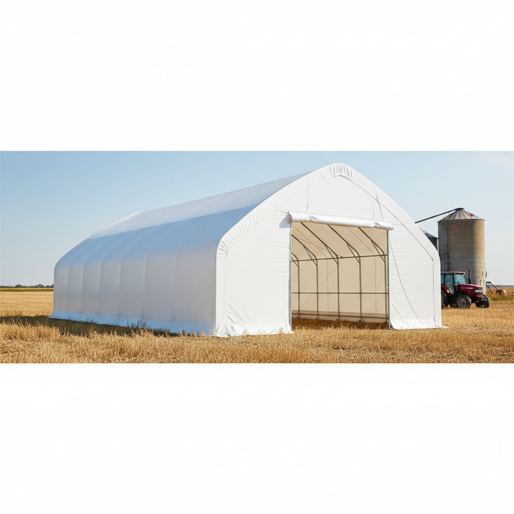 Side view of heavy-duty outdoor warehouse shelter with UV-resistant white cover
