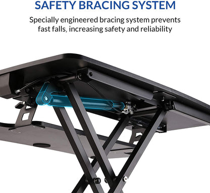 32 inch standing desk riser with keyboard tray
sit-stand workstation converter for office
height adjustable desktop riser setup
ergonomic workstation for dual monitors
home office sit-stand desk converter