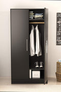 Black 32-inch wardrobe storage cabinet in bedroom
Open wardrobe with hanging rail and top shelf
Modern black wardrobe with brushed handles
32" storage cabinet in office corner
Full-height view of black laminate wardrobe
Side angle of freestanding modern wardrobe