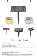 Flexible solar LED light strip with adhesive backing, waterproof design
